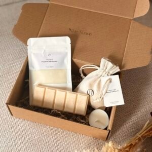 coffret rituel avec une poudre parfumée pour l'aspirateur, un pochon parfumée pour le linge, une tablette parfumée secable